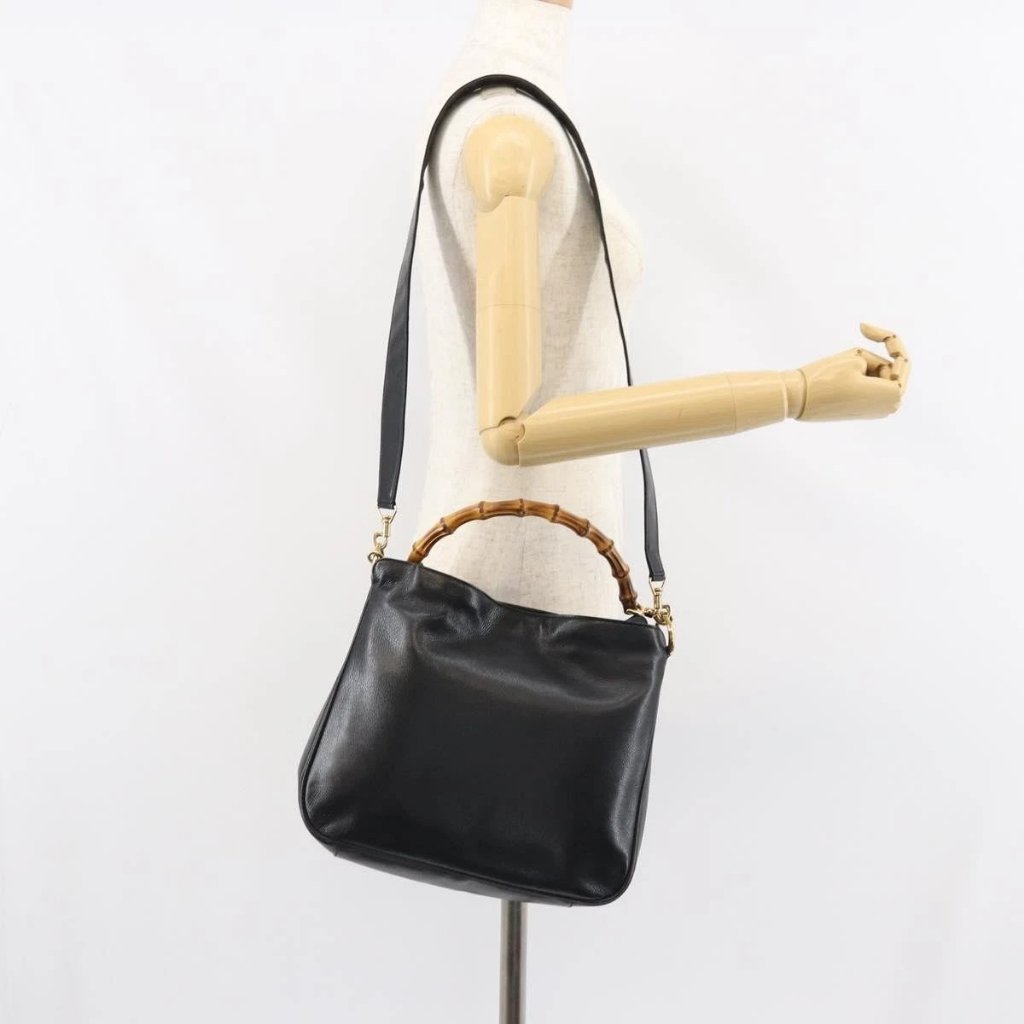 Gucci Bamboo Shoulder Bag Leather 2way Black Gold